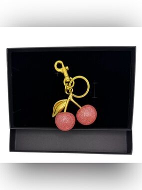 Gold Cherry Keychain with Pink Glitter Charms for Keys or Handbag- Gift for Her